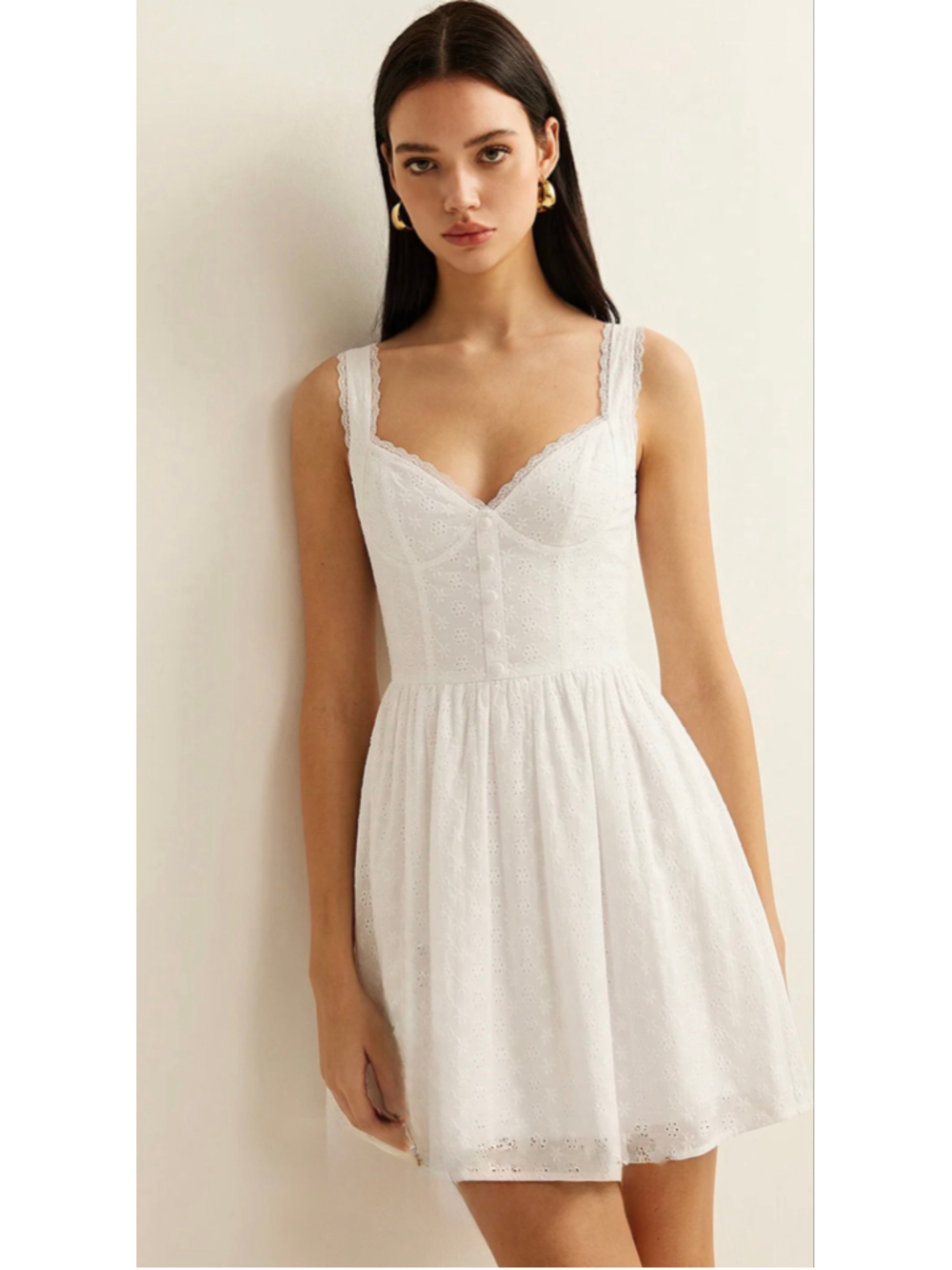 Commense White Eyelet Babydoll Cotton Mini Dress Size L Corset Cottage Coquette